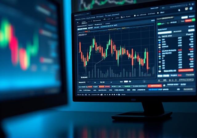 Complex stock market candlestick charts and data overlays on a professional monitor